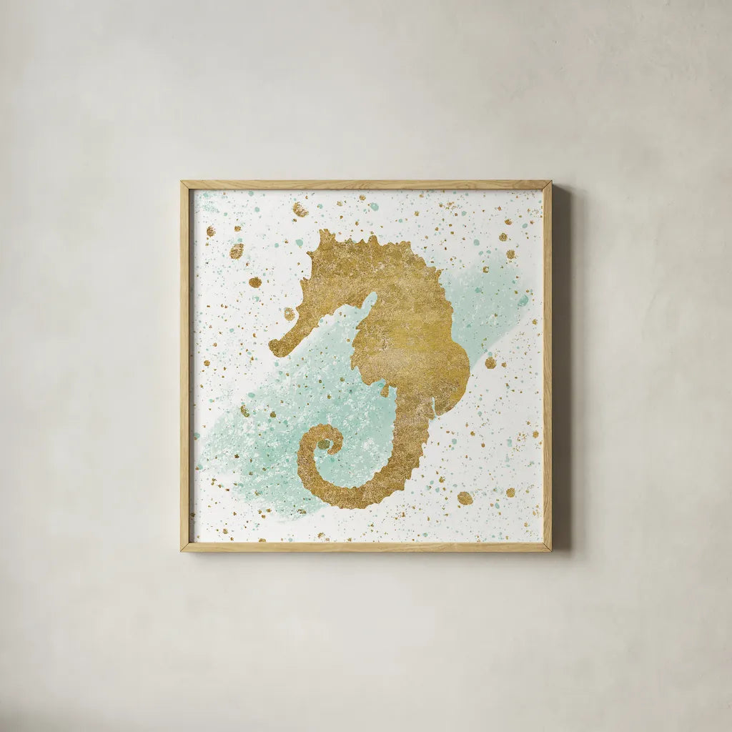Silver Sea Life Aqua Seahorse by Wild Apple Portfolio. Shown in a natural wood glass frame for a timeless modern aesthetic. Available as an archival giclee rolled canvas, fine art paper, or poster print. SKU 29851a.