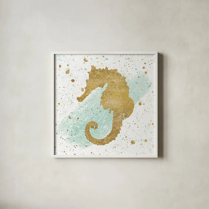 Silver Sea Life Aqua Seahorse by Wild Apple Portfolio. Shown in a crisp white glass frame for a clean and minimalist style. Available as an archival giclee rolled canvas, fine art paper, or poster print. SKU 29851a.