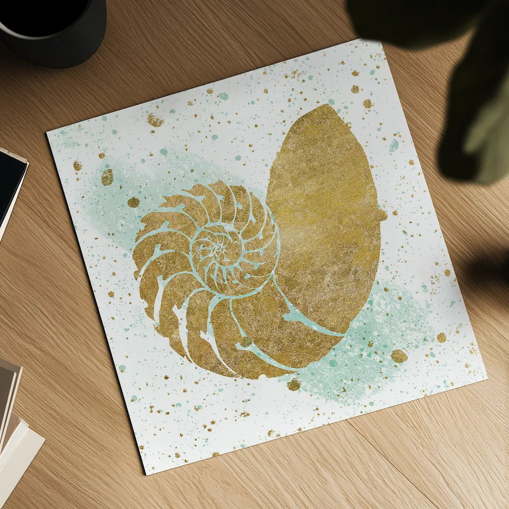 Silver Sea Life Aqua Shell by Wild Apple Portfolio. Shown as a detailed flat fine art print, highlighting archival giclee quality. Available as an archival giclee rolled canvas, fine art paper, or poster print. SKU 29852a.
