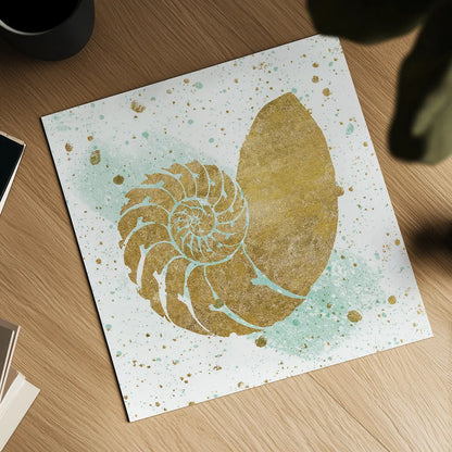 Silver Sea Life Aqua Shell by Wild Apple Portfolio. Shown as a detailed flat fine art print, highlighting archival giclee quality. Available as an archival giclee rolled canvas, fine art paper, or poster print. SKU 29852a.