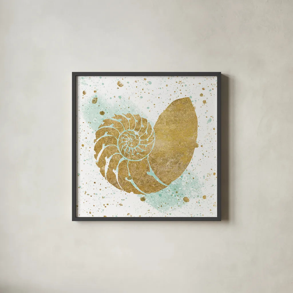 Silver Sea Life Aqua Shell by Wild Apple Portfolio. Shown in a sleek black glass frame for a contemporary gallery look. Available as an archival giclee rolled canvas, fine art paper, or poster print. SKU 29852a.