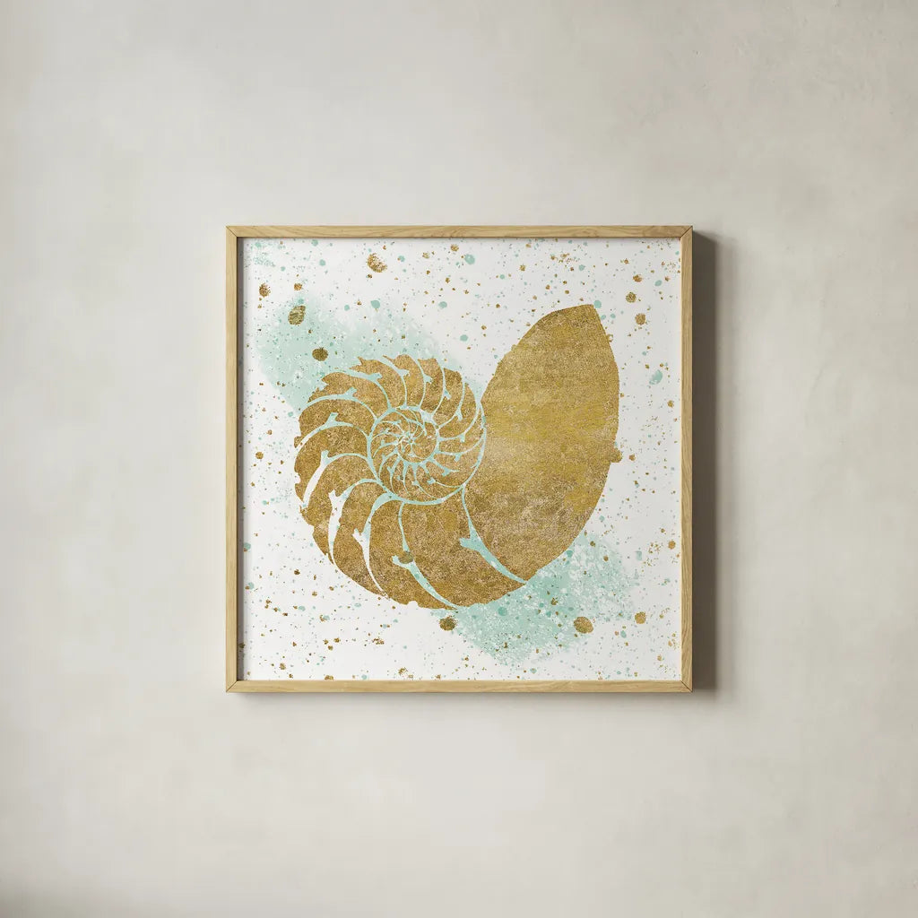 Silver Sea Life Aqua Shell by Wild Apple Portfolio. Shown in a natural wood glass frame for a timeless modern aesthetic. Available as an archival giclee rolled canvas, fine art paper, or poster print. SKU 29852a.