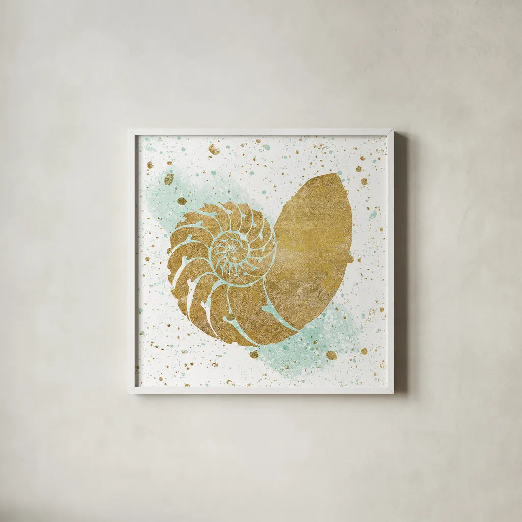 Silver Sea Life Aqua Shell by Wild Apple Portfolio. Shown in a crisp white glass frame for a clean and minimalist style. Available as an archival giclee rolled canvas, fine art paper, or poster print. SKU 29852a.