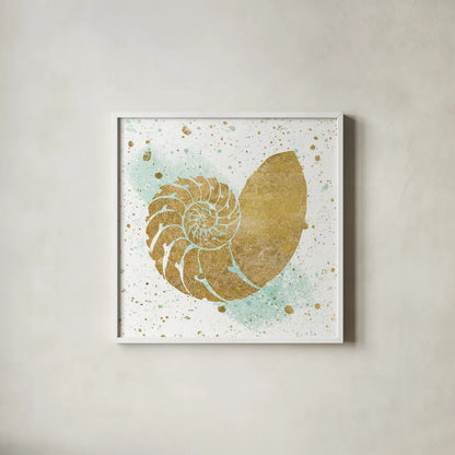 Silver Sea Life Aqua Shell by Wild Apple Portfolio. Shown in a crisp white glass frame for a clean and minimalist style. Available as an archival giclee rolled canvas, fine art paper, or poster print. SKU 29852a.