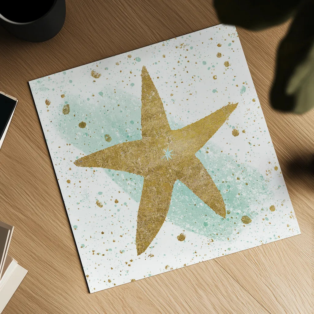 Silver Sea Life Aqua Starfish by Wild Apple Portfolio. Shown as a detailed flat fine art print, highlighting archival giclee quality. Available as an archival giclee rolled canvas, fine art paper, or poster print. SKU 29853a.