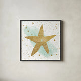 Silver Sea Life Aqua Starfish by Wild Apple Portfolio. Shown in a sleek black glass frame for a contemporary gallery look. Available as an archival giclee rolled canvas, fine art paper, or poster print. SKU 29853a.