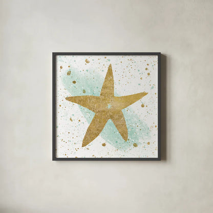 Silver Sea Life Aqua Starfish by Wild Apple Portfolio. Shown in a sleek black glass frame for a contemporary gallery look. Available as an archival giclee rolled canvas, fine art paper, or poster print. SKU 29853a.