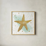 Silver Sea Life Aqua Starfish by Wild Apple Portfolio. Shown in a natural wood glass frame for a timeless modern aesthetic. Available as an archival giclee rolled canvas, fine art paper, or poster print. SKU 29853a.