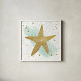 Silver Sea Life Aqua Starfish by Wild Apple Portfolio. Shown in a crisp white glass frame for a clean and minimalist style. Available as an archival giclee rolled canvas, fine art paper, or poster print. SKU 29853a.