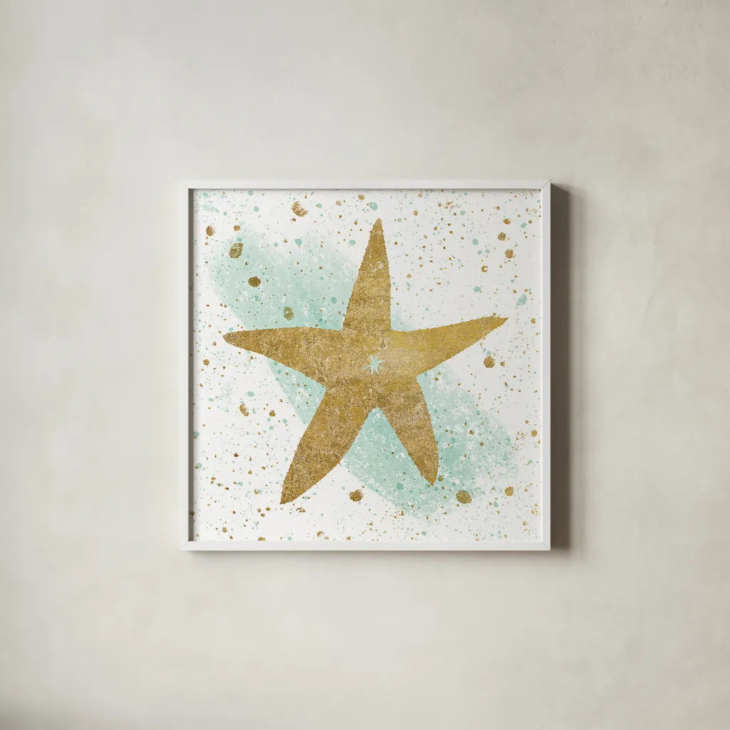 Silver Sea Life Aqua Starfish by Wild Apple Portfolio. Shown in a crisp white glass frame for a clean and minimalist style. Available as an archival giclee rolled canvas, fine art paper, or poster print. SKU 29853a.