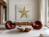 Silver Sea Life Aqua Starfish by Wild Apple Portfolio. Shown as extra-large giant wall art in a modern living room. Available as an archival giclee rolled canvas, fine art paper, or poster print. SKU 29853a.