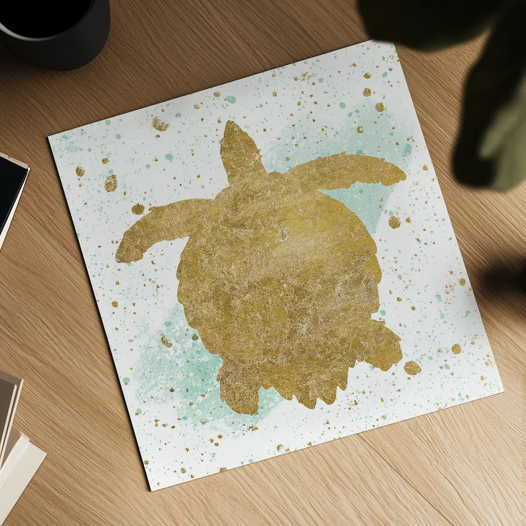Silver Sea Life Aqua Turtle by Wild Apple Portfolio. Shown as a detailed flat fine art print, highlighting archival giclee quality. Available as an archival giclee rolled canvas, fine art paper, or poster print. SKU 29846a.