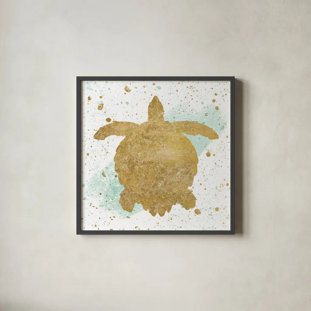Silver Sea Life Aqua Turtle by Wild Apple Portfolio. Shown in a sleek black glass frame for a contemporary gallery look. Available as an archival giclee rolled canvas, fine art paper, or poster print. SKU 29846a.