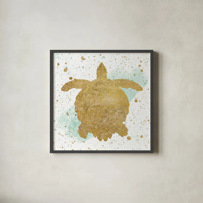 Silver Sea Life Aqua Turtle by Wild Apple Portfolio. Shown in a sleek black glass frame for a contemporary gallery look. Available as an archival giclee rolled canvas, fine art paper, or poster print. SKU 29846a.