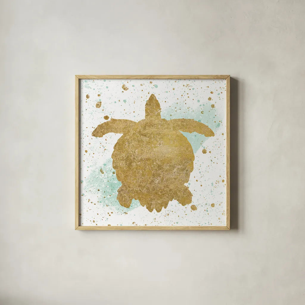 Silver Sea Life Aqua Turtle by Wild Apple Portfolio. Shown in a natural wood glass frame for a timeless modern aesthetic. Available as an archival giclee rolled canvas, fine art paper, or poster print. SKU 29846a.
