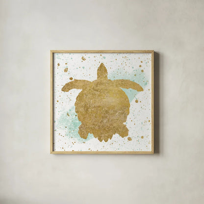 Silver Sea Life Aqua Turtle by Wild Apple Portfolio. Shown in a natural wood glass frame for a timeless modern aesthetic. Available as an archival giclee rolled canvas, fine art paper, or poster print. SKU 29846a.