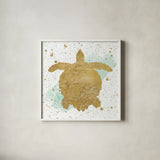 Silver Sea Life Aqua Turtle by Wild Apple Portfolio. Shown in a crisp white glass frame for a clean and minimalist style. Available as an archival giclee rolled canvas, fine art paper, or poster print. SKU 29846a.