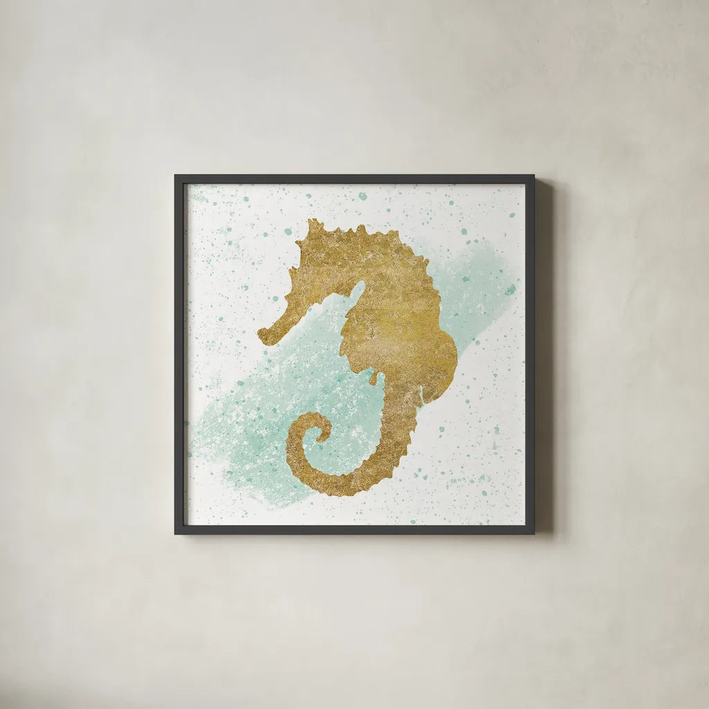 Silver Sea Life Seahorse no Gold Splatter by Wild Apple Portfolio. Shown in a sleek black glass frame for a contemporary gallery look. Available as an archival giclee rolled canvas, fine art paper, or poster print. SKU 33666a.
