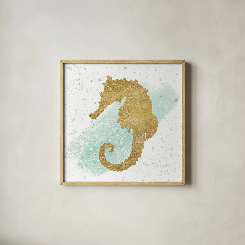 Silver Sea Life Seahorse no Gold Splatter by Wild Apple Portfolio. Shown in a natural wood glass frame for a timeless modern aesthetic. Available as an archival giclee rolled canvas, fine art paper, or poster print. SKU 33666a.