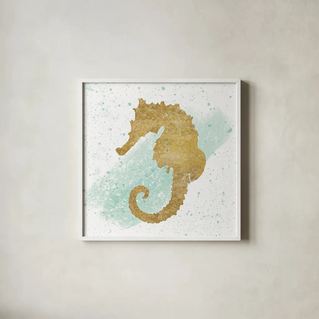 Silver Sea Life Seahorse no Gold Splatter by Wild Apple Portfolio. Shown in a crisp white glass frame for a clean and minimalist style. Available as an archival giclee rolled canvas, fine art paper, or poster print. SKU 33666a.