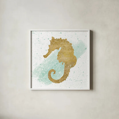 Silver Sea Life Seahorse no Gold Splatter by Wild Apple Portfolio. Shown in a crisp white glass frame for a clean and minimalist style. Available as an archival giclee rolled canvas, fine art paper, or poster print. SKU 33666a.
