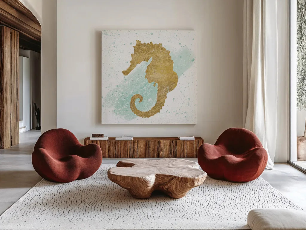 Silver Sea Life Seahorse no Gold Splatter by Wild Apple Portfolio. Shown as extra-large giant wall art in a modern living room. Available as an archival giclee rolled canvas, fine art paper, or poster print. SKU 33666a.