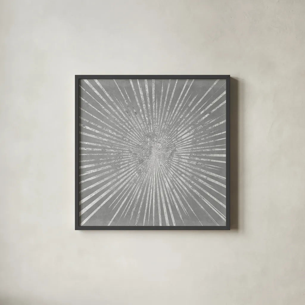 Silver Sunburst I by Wild Apple Portfolio. Shown in a sleek black glass frame for a contemporary gallery look. Available as an archival giclee rolled canvas, fine art paper, or poster print. SKU 73126a.