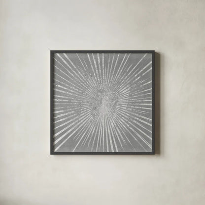 Silver Sunburst I by Wild Apple Portfolio. Shown in a sleek black glass frame for a contemporary gallery look. Available as an archival giclee rolled canvas, fine art paper, or poster print. SKU 73126a.