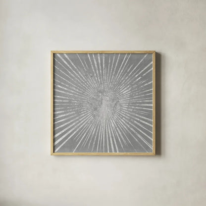 Silver Sunburst I by Wild Apple Portfolio. Shown in a natural wood glass frame for a timeless modern aesthetic. Available as an archival giclee rolled canvas, fine art paper, or poster print. SKU 73126a.