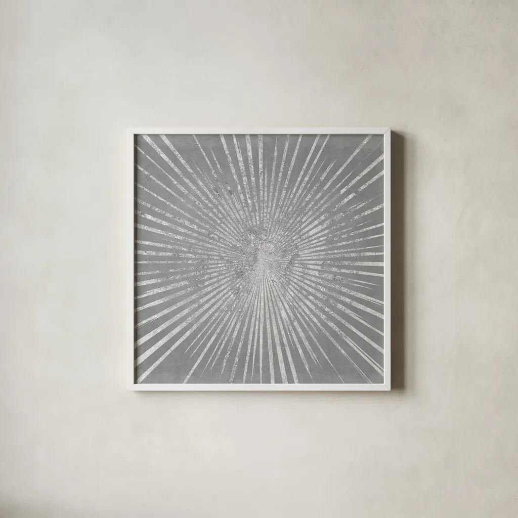 Silver Sunburst I by Wild Apple Portfolio. Shown in a crisp white glass frame for a clean and minimalist style. Available as an archival giclee rolled canvas, fine art paper, or poster print. SKU 73126a.