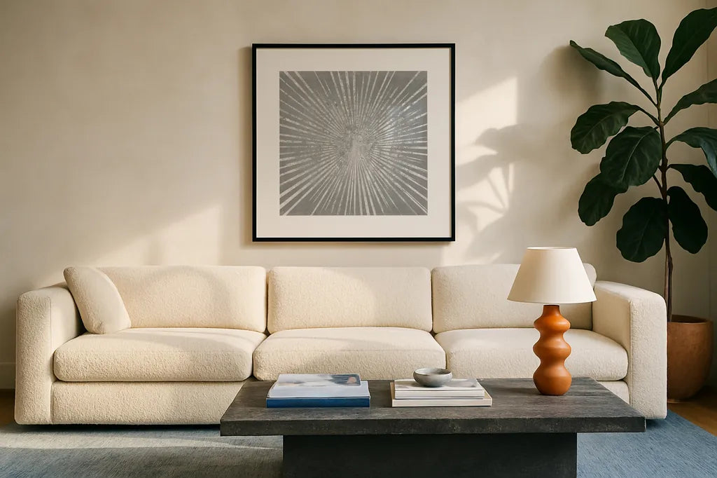 Silver Sunburst I by Wild Apple Portfolio. Displayed in a glass frame with matte in a clean modern living room. Available as an archival giclee rolled canvas, fine art paper, or poster print. SKU 73126a.