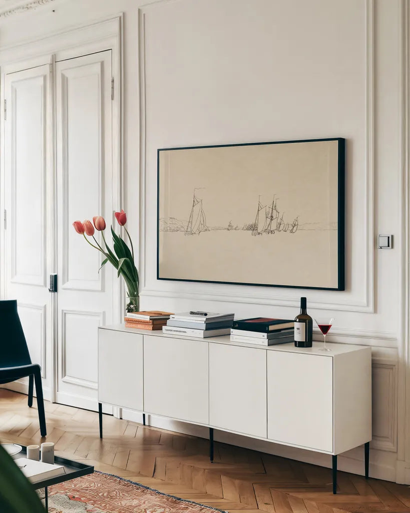 Sketch of the Harbor I by Wild Apple Portfolio. shown as a framed stretched canvas in a living room above a console. Available as a archival giclee rolled canvas, fine art paper, or poster print. SKU 95811i.