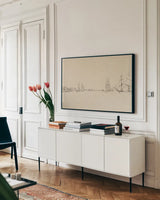 Sketch of the Harbor II by Wild Apple Portfolio. shown as a framed stretched canvas in a living room above a console. Available as a archival giclee rolled canvas, fine art paper, or poster print. SKU 95812i.