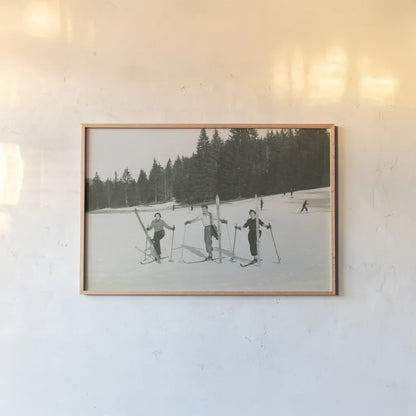 Ski Day by Wild Apple Portfolio. shown as a paper print in a natural frame. Available as a archival giclee rolled canvas, fine art paper, or poster print. SKU 75782i.