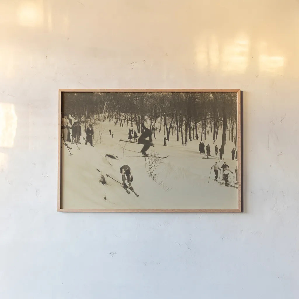 Skiing I by Wild Apple Portfolio. shown as a paper print in a natural frame. Available as a archival giclee rolled canvas, fine art paper, or poster print. SKU 73288i.