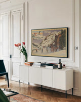 Skiing II by Wild Apple Portfolio. shown as a framed stretched canvas in a living room above a console. Available as a archival giclee rolled canvas, fine art paper, or poster print. SKU 73289i.
