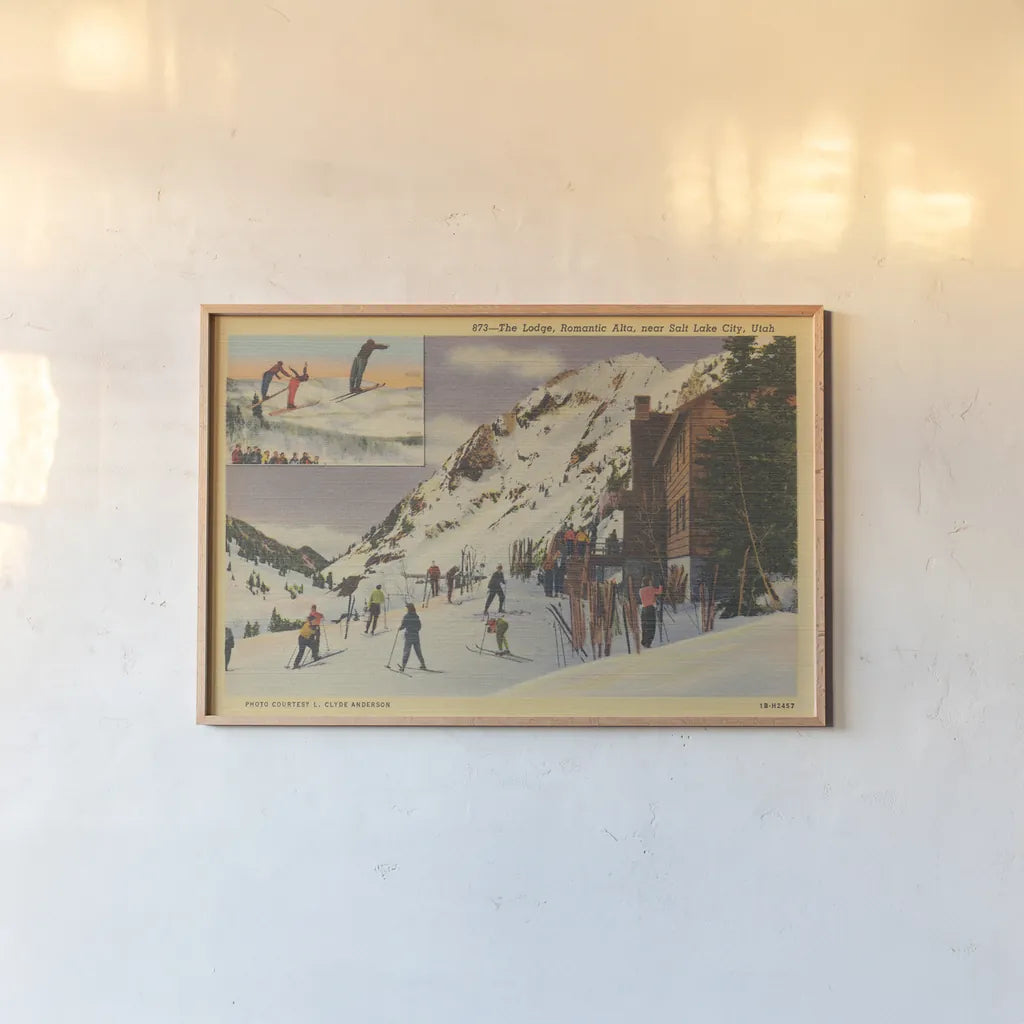 Skiing II by Wild Apple Portfolio. shown as a paper print in a natural frame. Available as a archival giclee rolled canvas, fine art paper, or poster print. SKU 73289i.