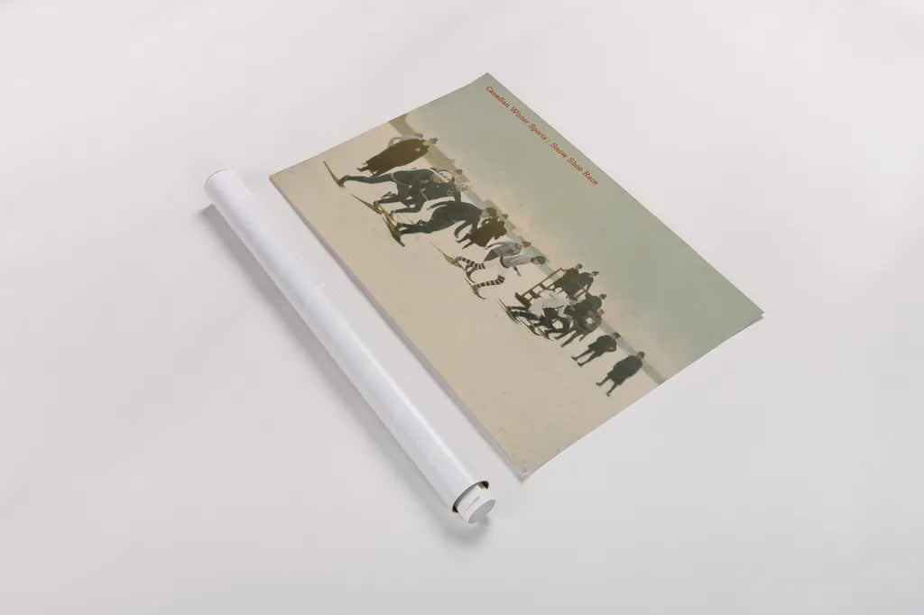 Snow Shoe Race by Wild Apple Portfolio. shown as a rolled paper print. Available as archival giclee rolled canvas, fine art paper, or poster print. SKU 70704i.