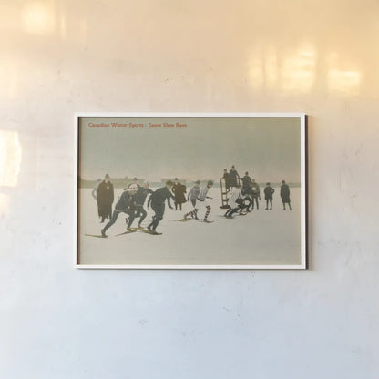 Snow Shoe Race by Wild Apple Portfolio. shown as a paper print in a white frame. Available as a archival giclee rolled canvas, fine art paper, or poster print. SKU 70704i.