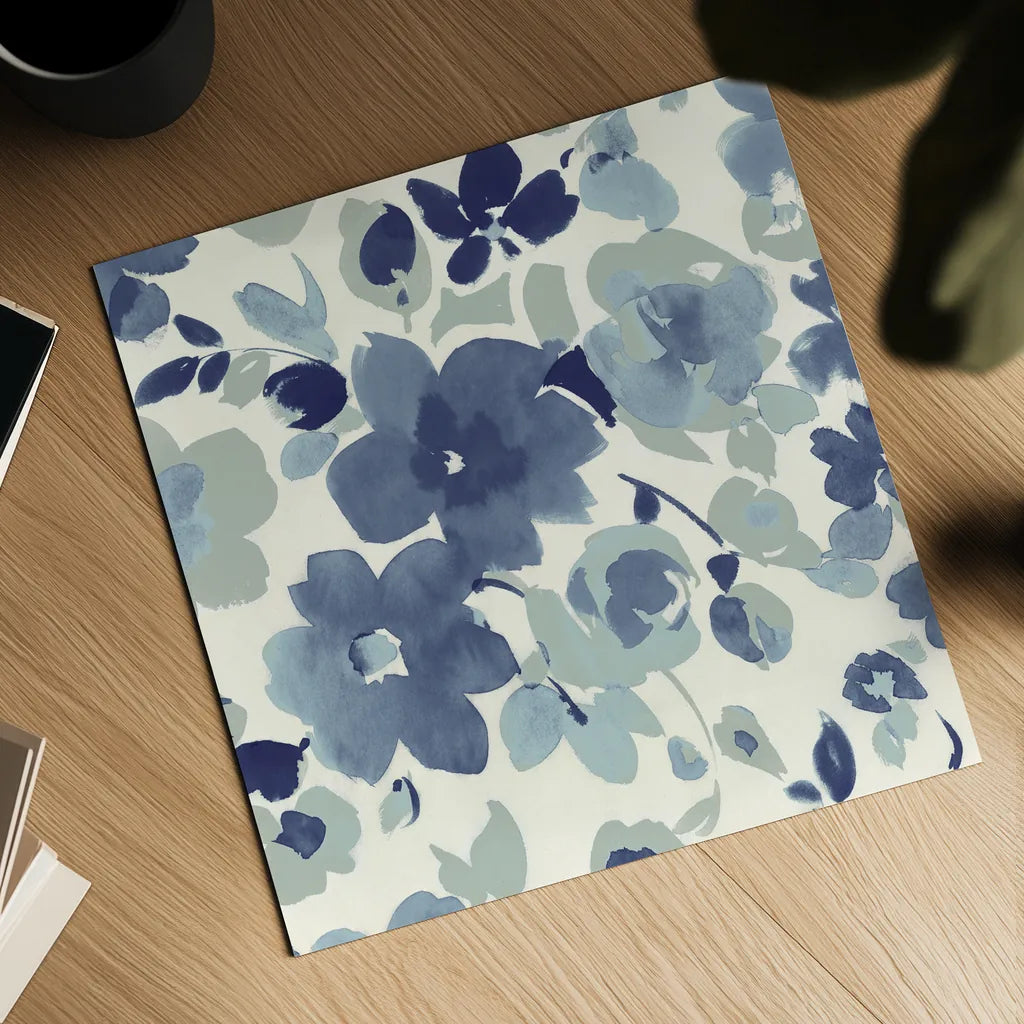 Soft Blue Florals II by Wild Apple Portfolio. Shown as a detailed flat fine art print, highlighting archival giclee quality. Available as an archival giclee rolled canvas, fine art paper, or poster print. SKU 56490a.