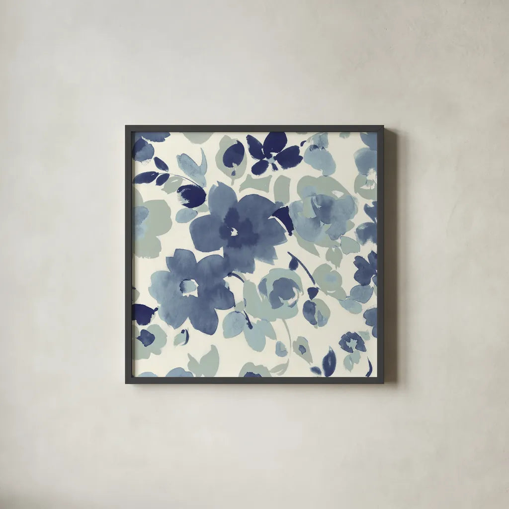 Soft Blue Florals II by Wild Apple Portfolio. Shown in a sleek black glass frame for a contemporary gallery look. Available as an archival giclee rolled canvas, fine art paper, or poster print. SKU 56490a.