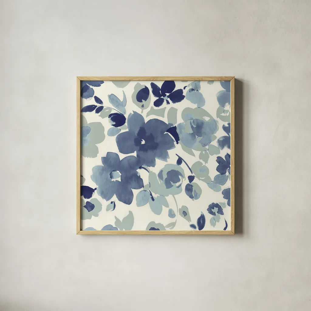 Soft Blue Florals II by Wild Apple Portfolio. Shown in a natural wood glass frame for a timeless modern aesthetic. Available as an archival giclee rolled canvas, fine art paper, or poster print. SKU 56490a.