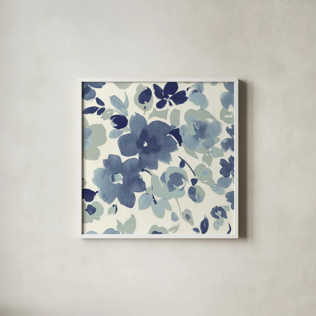 Soft Blue Florals II by Wild Apple Portfolio. Shown in a crisp white glass frame for a clean and minimalist style. Available as an archival giclee rolled canvas, fine art paper, or poster print. SKU 56490a.