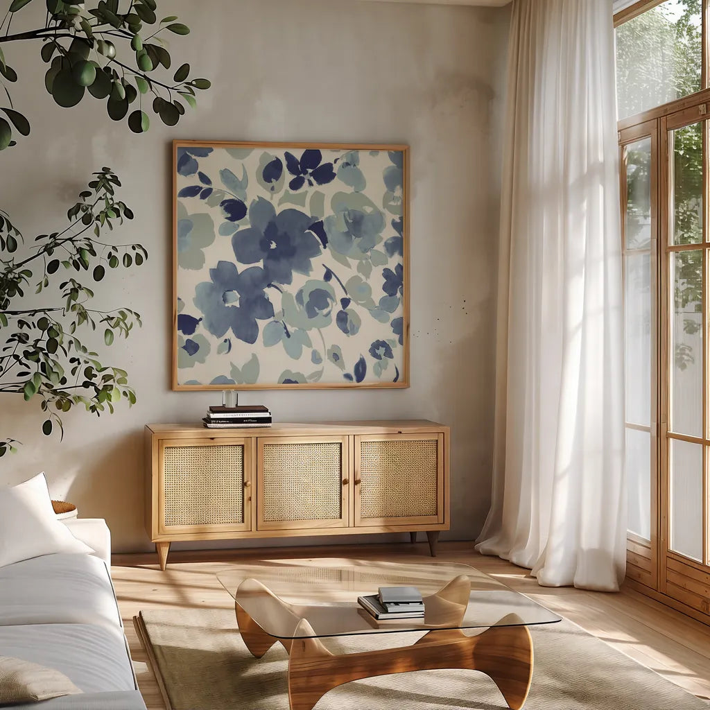 Soft Blue Florals II by Wild Apple Portfolio. Shown in a natural wood frame in a cozy modern living room. Available as an archival giclee rolled canvas, fine art paper, or poster print. SKU 56490a.