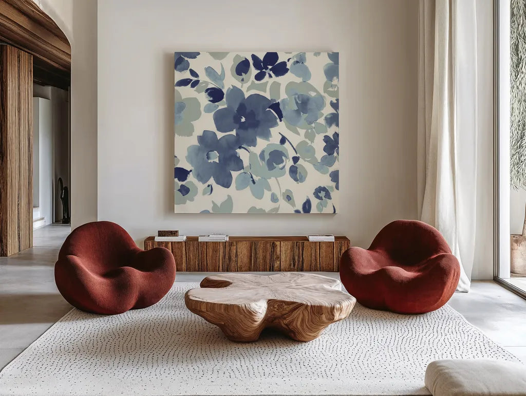 Soft Blue Florals II by Wild Apple Portfolio. Shown as extra-large giant wall art in a modern living room. Available as an archival giclee rolled canvas, fine art paper, or poster print. SKU 56490a.