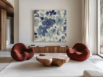 Soft Blue Florals II by Wild Apple Portfolio. Shown as extra-large giant wall art in a modern living room. Available as an archival giclee rolled canvas, fine art paper, or poster print. SKU 56490a.