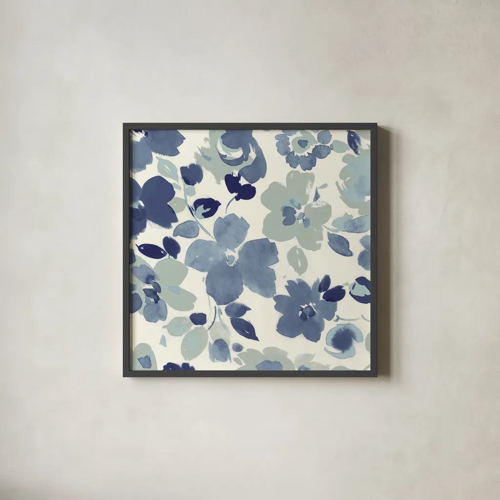 Soft Blue Florals III by Wild Apple Portfolio. Shown in a sleek black glass frame for a contemporary gallery look. Available as an archival giclee rolled canvas, fine art paper, or poster print. SKU 56491a.