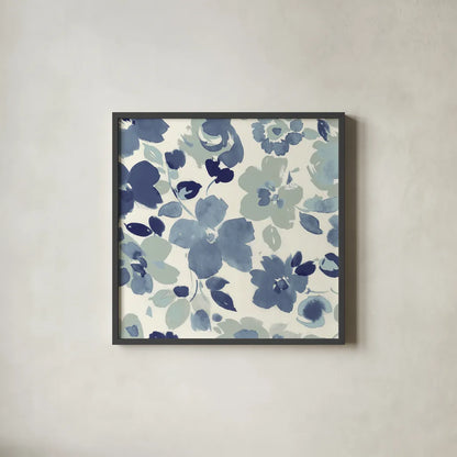 Soft Blue Florals III by Wild Apple Portfolio. Shown in a sleek black glass frame for a contemporary gallery look. Available as an archival giclee rolled canvas, fine art paper, or poster print. SKU 56491a.