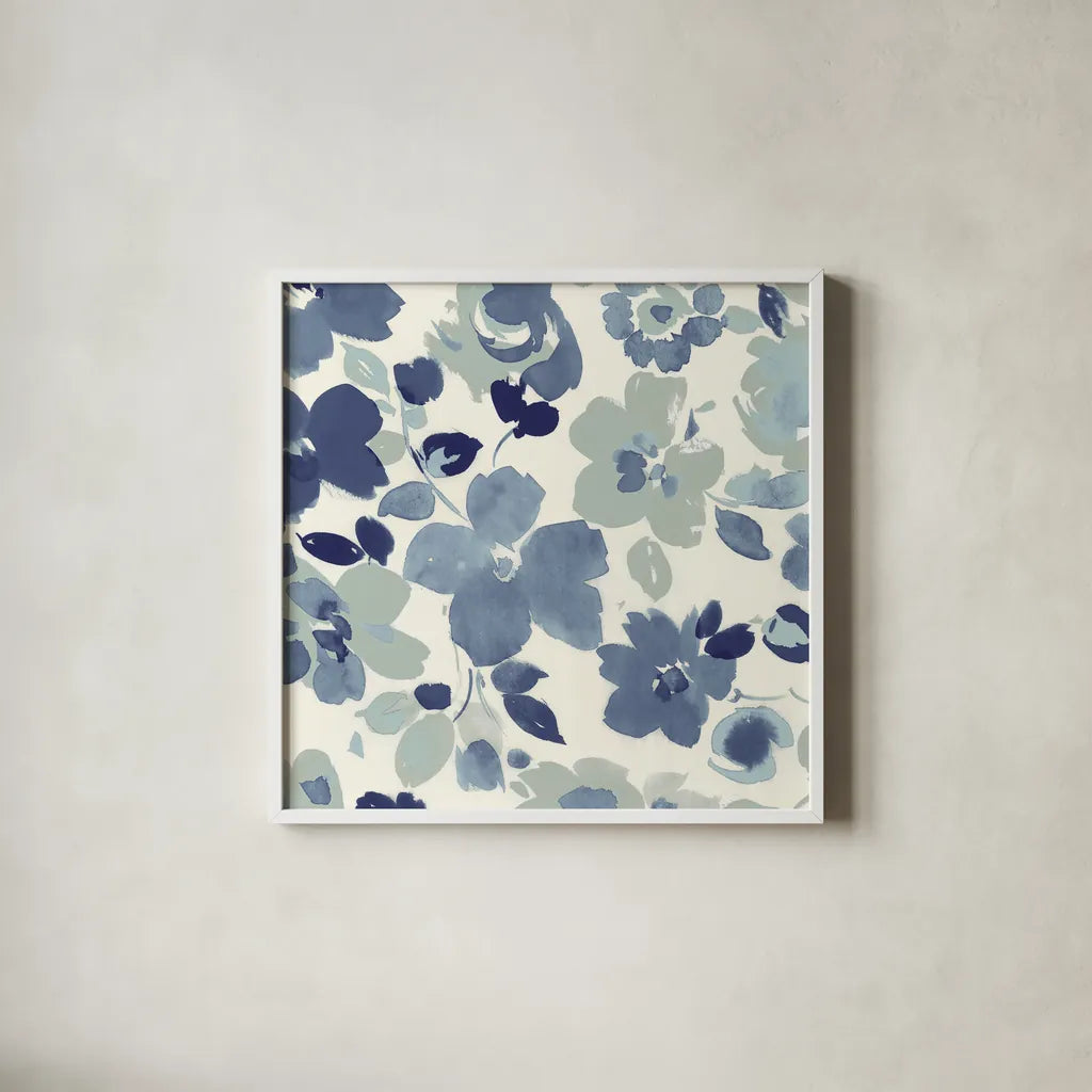 Soft Blue Florals III by Wild Apple Portfolio. Shown in a crisp white glass frame for a clean and minimalist style. Available as an archival giclee rolled canvas, fine art paper, or poster print. SKU 56491a.