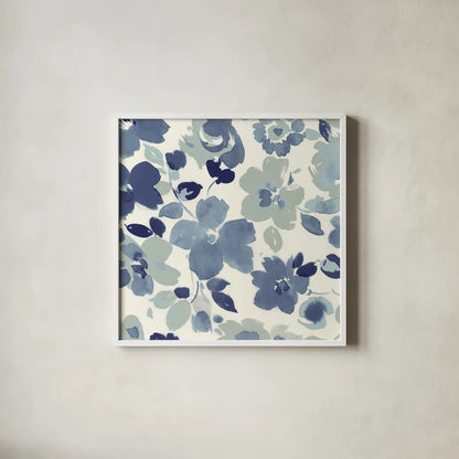 Soft Blue Florals III by Wild Apple Portfolio. Shown in a crisp white glass frame for a clean and minimalist style. Available as an archival giclee rolled canvas, fine art paper, or poster print. SKU 56491a.